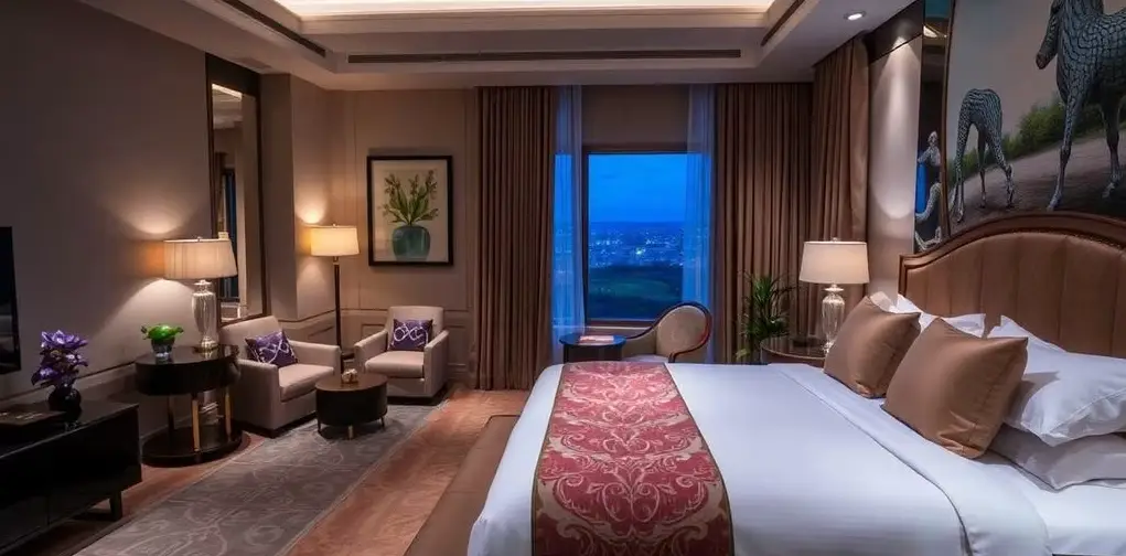 Hotel room interior with a forgotten leather bag on the bed
